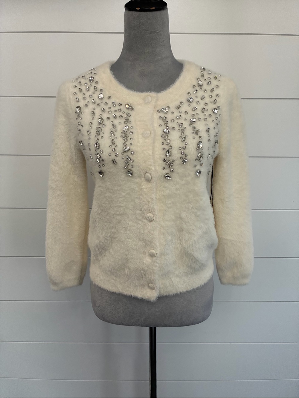 Rachel Zoe Ivory Rhinestone Button Knit Cardigan Sweater Size S NWT/0392